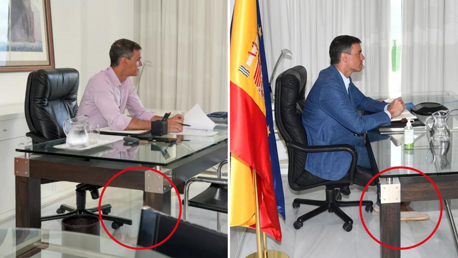 Comparativa: en 2026 (izq.) las piernas desaparecen bajo la mesa; en 2021 (dcha.) se vieron las alpargatas. Fuente: cobertura periodística / Moncloa.
